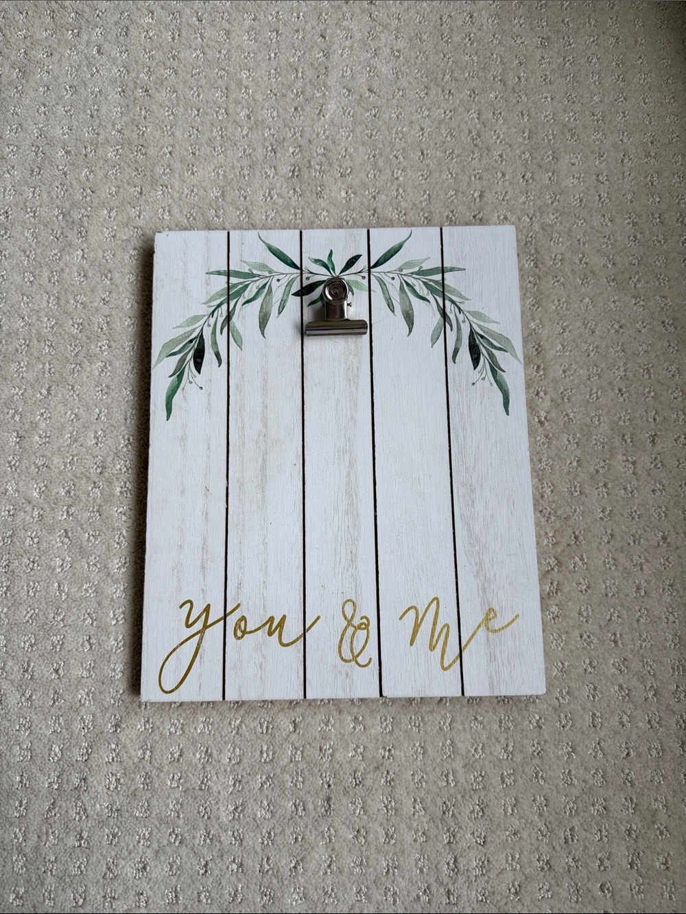 You & Me White Wood Wall Plaque with Green Leaf Accent